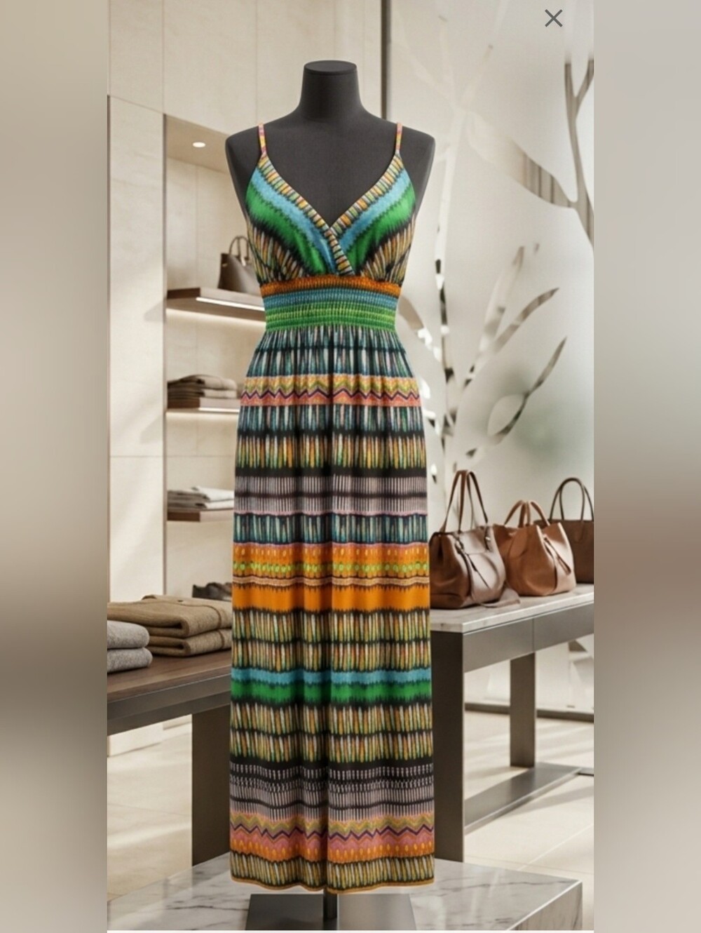 She's Cool Striped V-Neck Maxi Dress in Green, Blue, Orange and Yellow Pit 20-22